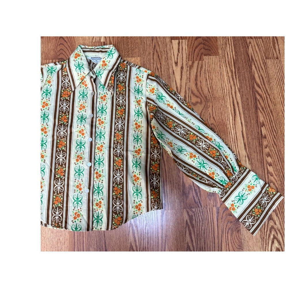 Vintage 70s Floral Stripe Blouse Dagger Collar Bishop Sleeve Huge Cuffs Size 38